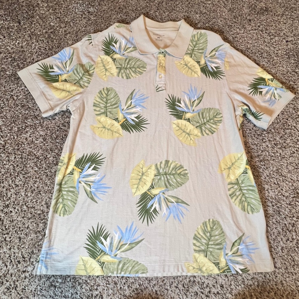 Van Heusen Mens XXL Tropical Floral Polo Shirt Cotton Bird of Paradise Tan Green